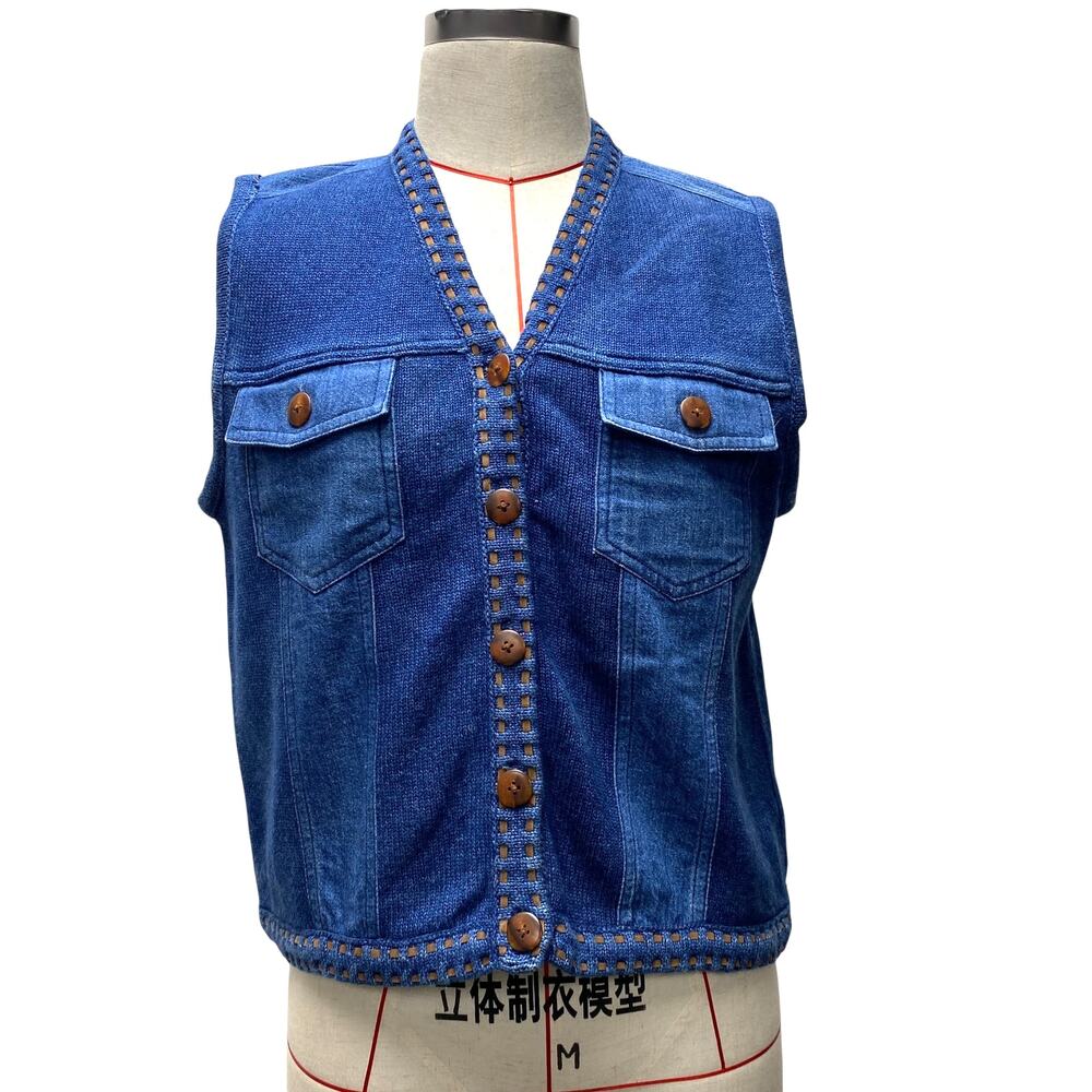 Vintage Marisa Canvas Womens Blue Knit Western Style Button Front Vest